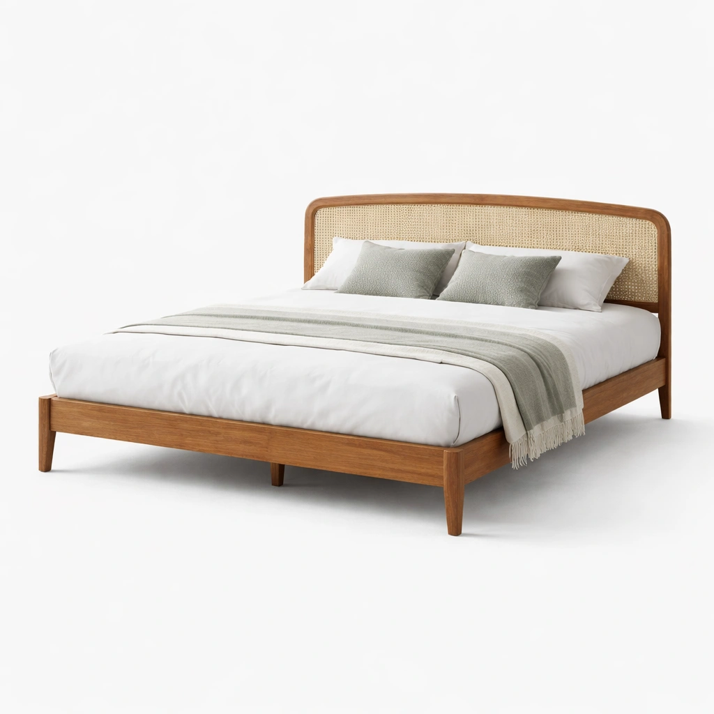 Cama de madera con cabecero de ratan y diseno natural moderno-livaroe